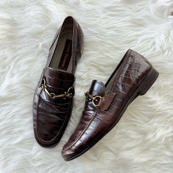 Cesare Paciotti Mens Vintage Croc Embossed Leather Loafers Brown Horsebit Luxury - Picture 1 of 10